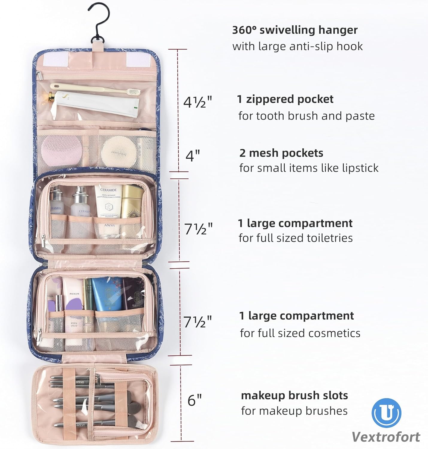 VEXTROFORT Neceser para mujer, bolsa de maquillaje de viaje colgante grande, resistente al agua para artículos de tocador, cosméticos, cepillos,
