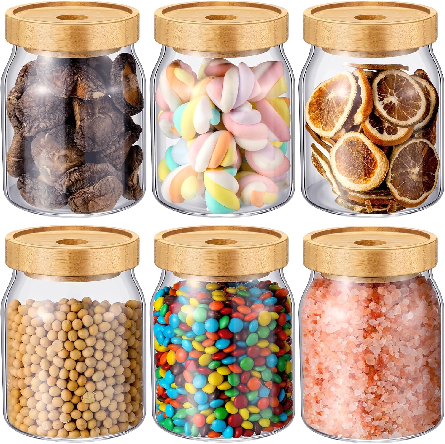 Layhit 6 tarros de vidrio con tapas de bambú, recipientes de vidrio de 20 onzas20.3 fl oz con tapas herméticas, contenedor de arroz, almacenamiento