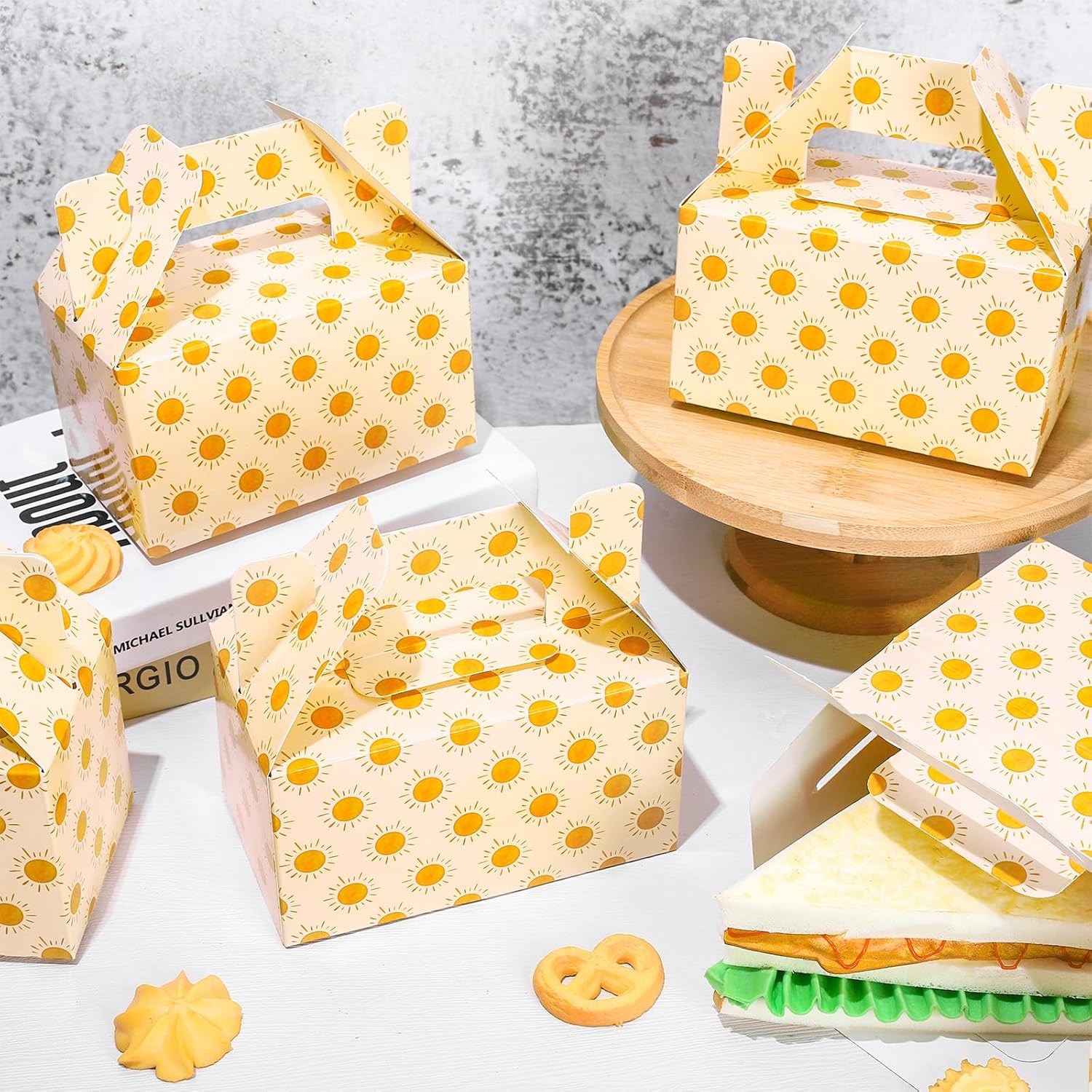 Whaline 24 cajas de regalo de fiesta de sol, bohemias, patrones de sol, acuarela, dulces, pasteles, cajas de regalo con asas, bonitas cajas de