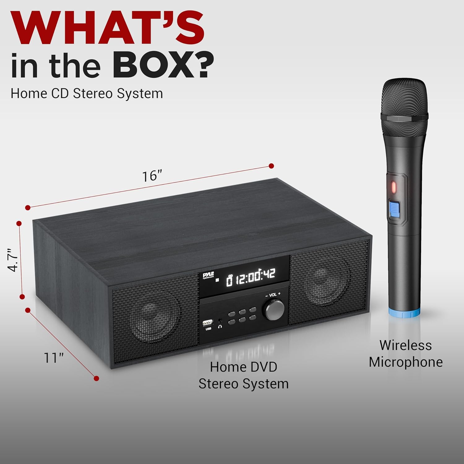Pyle Sistema de estante estéreo de CDDVD para el hogar, reproductor de 200 W con micrófono inalámbrico, conectividad BT, radio FMUSBauricularesAUX,