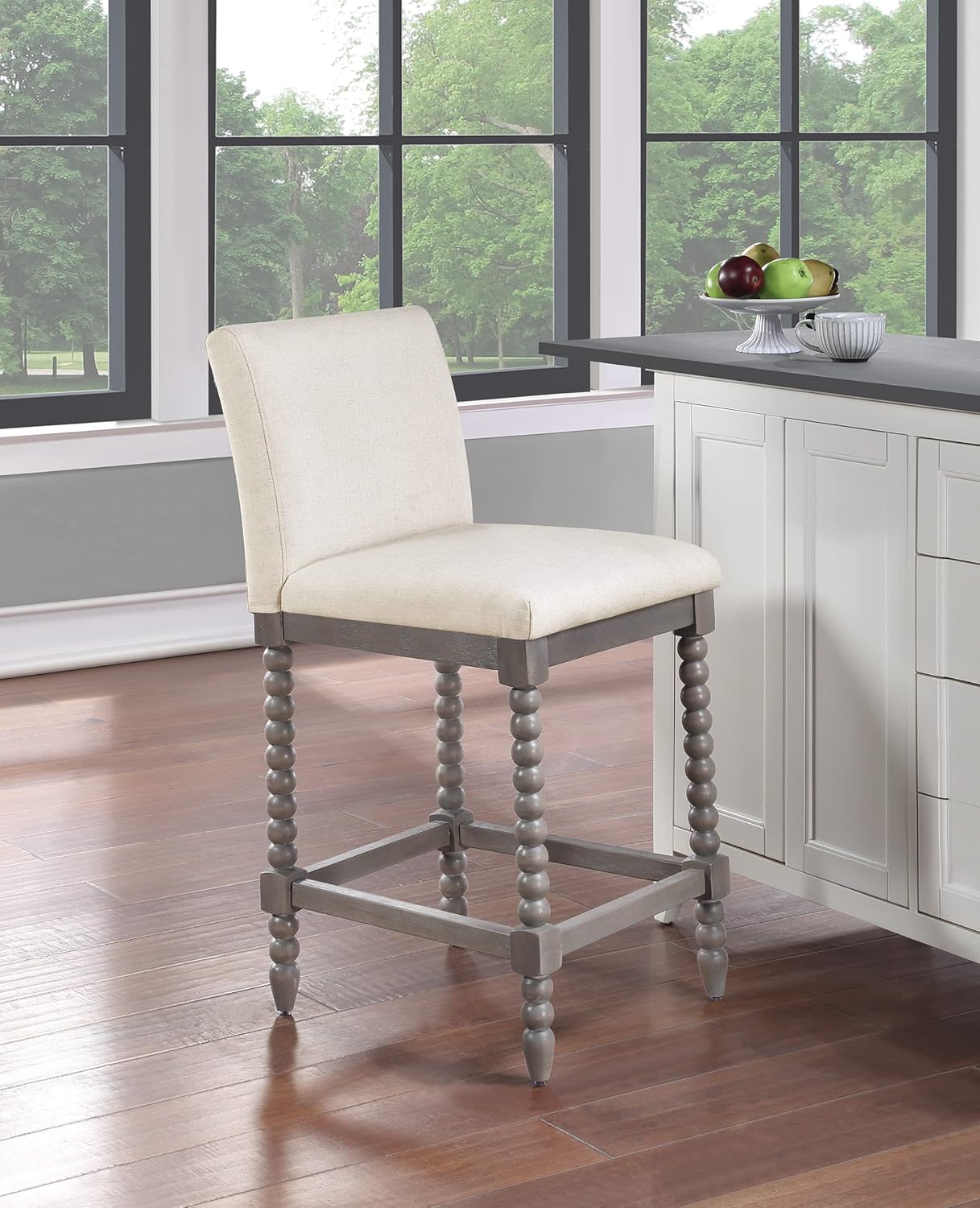 OSP Home Furnishings Abbott Spindle – Taburete de mostrador con asiento acolchado de resorte y base gris cepillado, tela de lino