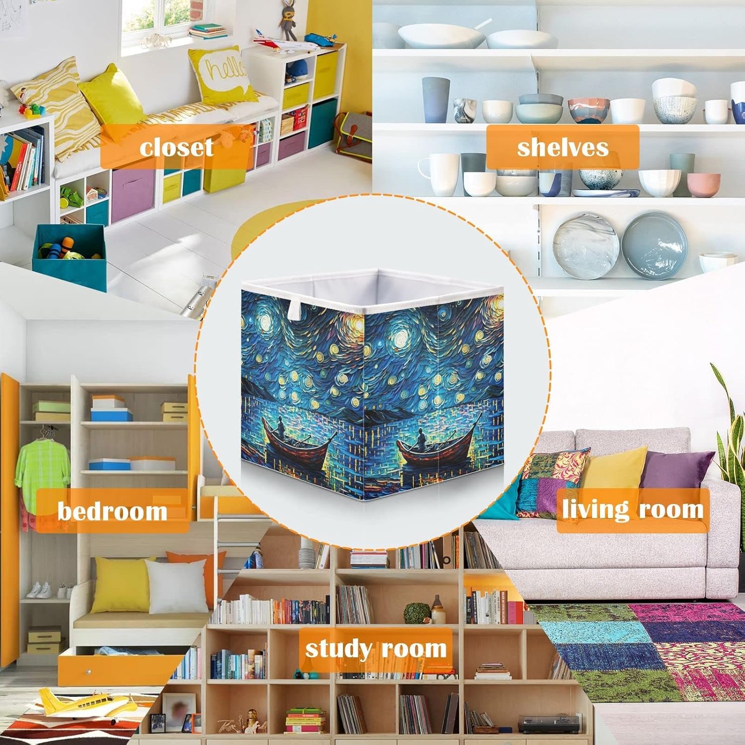 Vnurnrn Van Gogh Night Lake – Cubo de almacenamiento plegable, caja de almacenamiento con tabla de soporte, cestas de tela plegables para