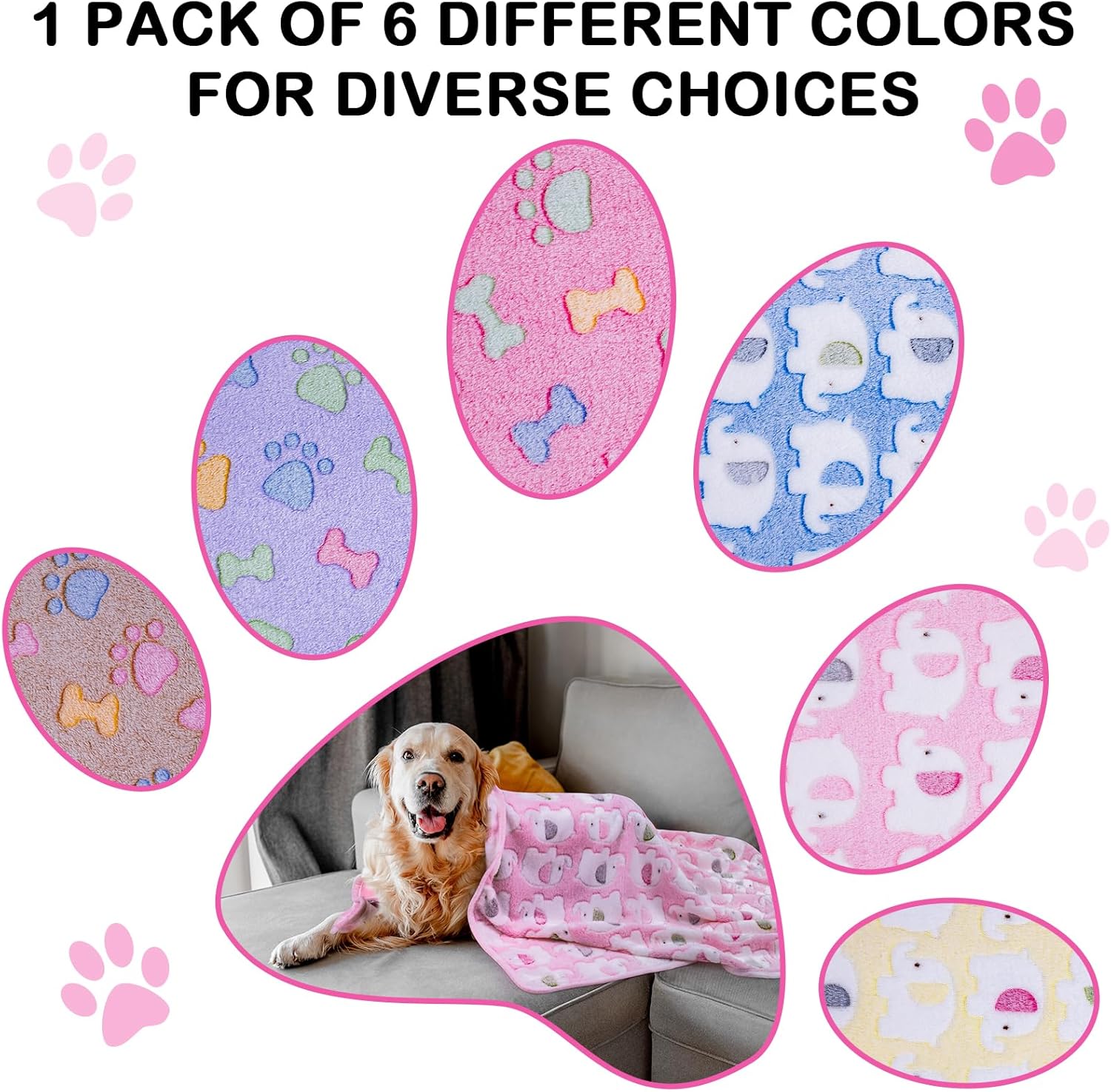 Dono 1 paquete de 6 mantas de perro y gato, manta de forro polar suave y esponjosa para perros pequeños, medianos y grandes, estampado de pata rosa,