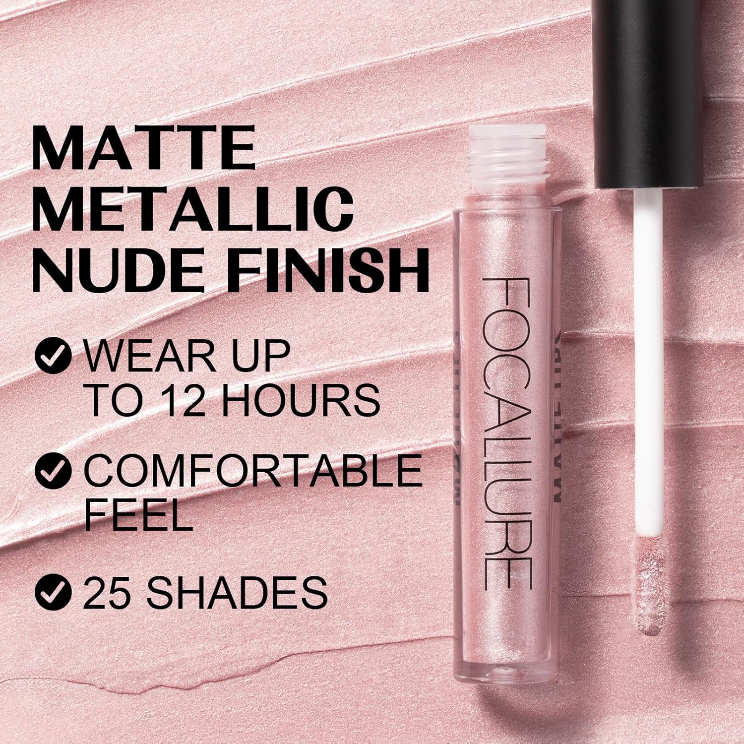 FOCALLURE Brillo labial metálico, lápiz labial líquido impermeable de larga duración, altamente pigmentado, no se pega, color de labios de copa,