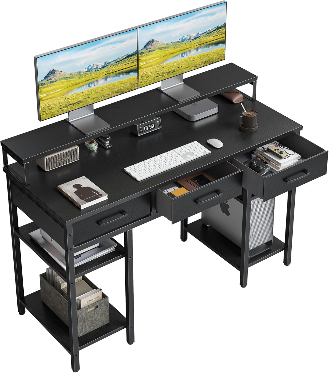 CubiCubi Escritorio de oficina para computadora de 47 pulgadas con cajones de tela y estantes de almacenamiento, escritorio pequeño y moderno con