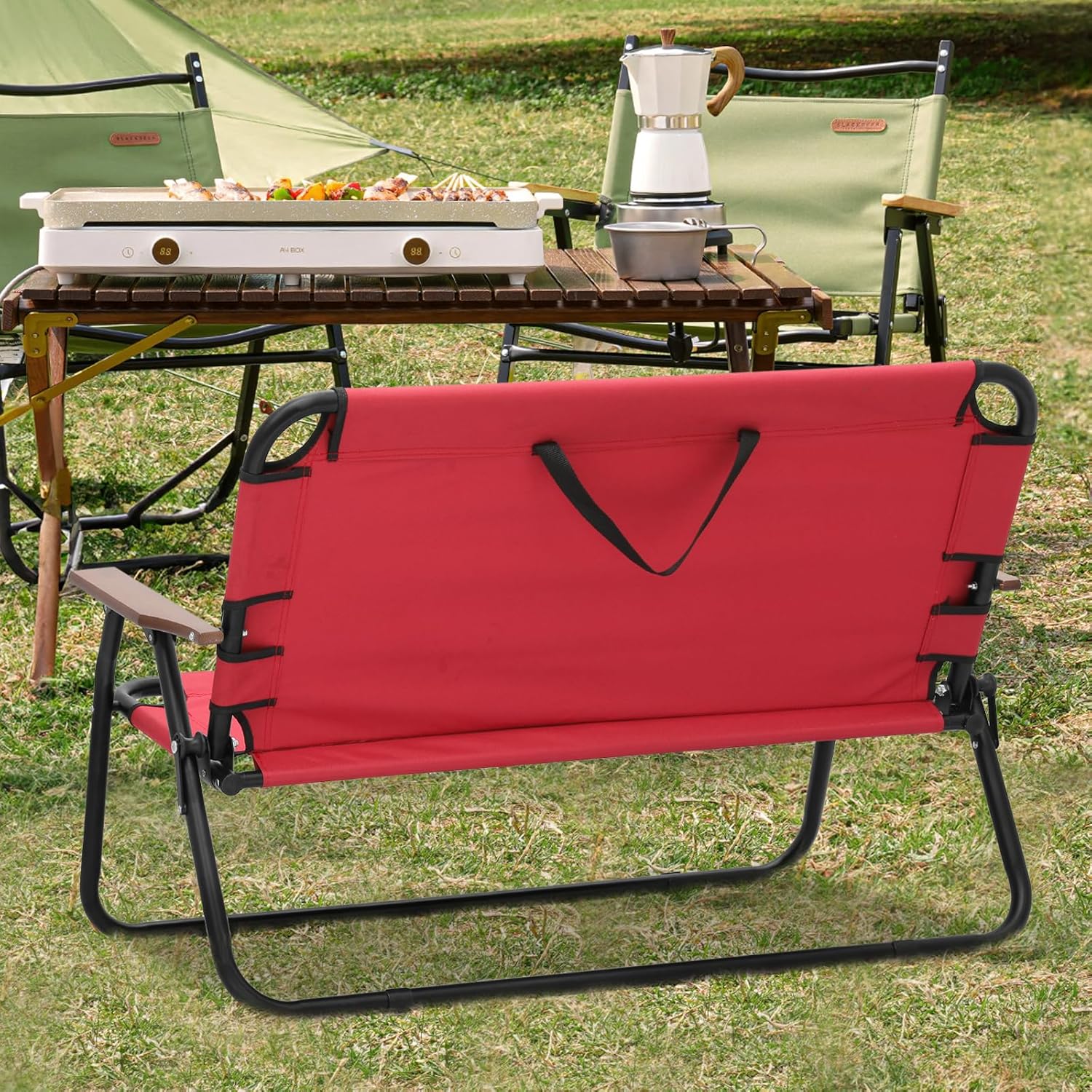 MoNiBloom Silla plegable de doble asiento para campamento, playa, césped, picnic, senderismo, viajes, portátil, plegable, plegable, para 2 personas,