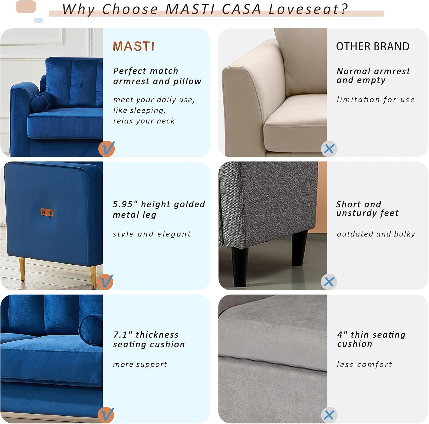MASTI Sofá biplaza de terciopelo azul de 59 pulgadas para espacios pequeños, muebles modernos con patas doradas y dos almohadas de cojín adecuado