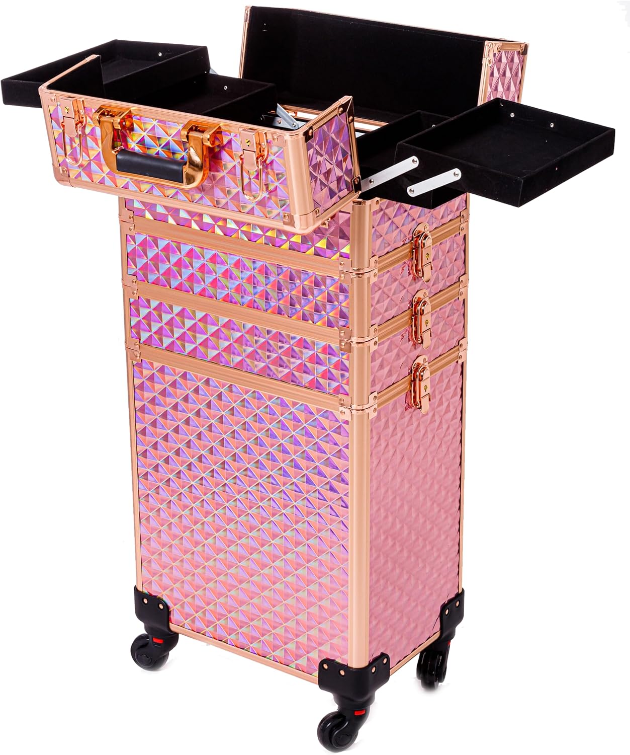 Maletín de tren de maquillaje rodante, carrito de cosméticos de gran capacidad, 4 en 1, estuche de viaje de maquillaje con ruedas giratorias para