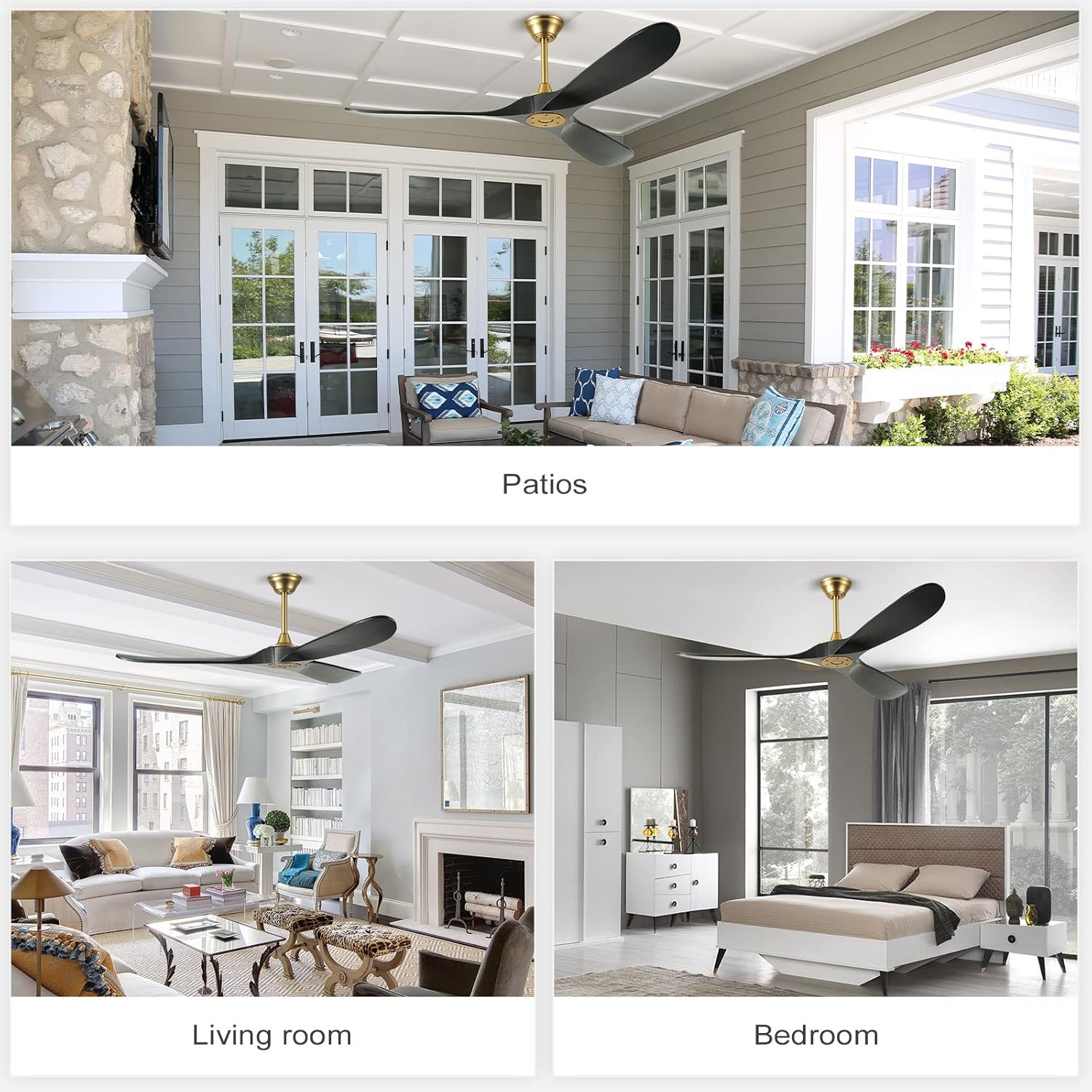YZEENM 52 Inch Black and Gold Ceiling Fan with Wall Control Switch and Remote Control, Modern Outdoor Ceiling Fans No Lights, 3 Blade Wood Propeller