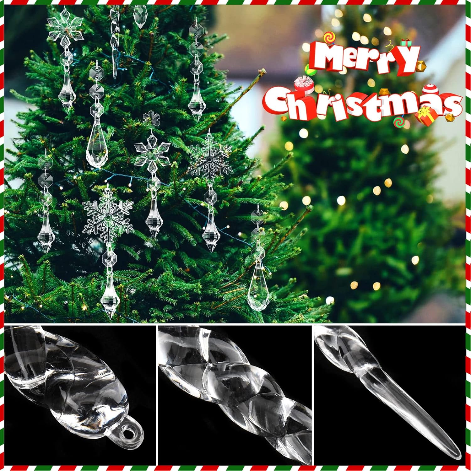 28 adornos de cristal para decoración de árbol de Navidad, juego de adornos colgantes de copo de nieve de Navidad, carámbano acrílico con línea de