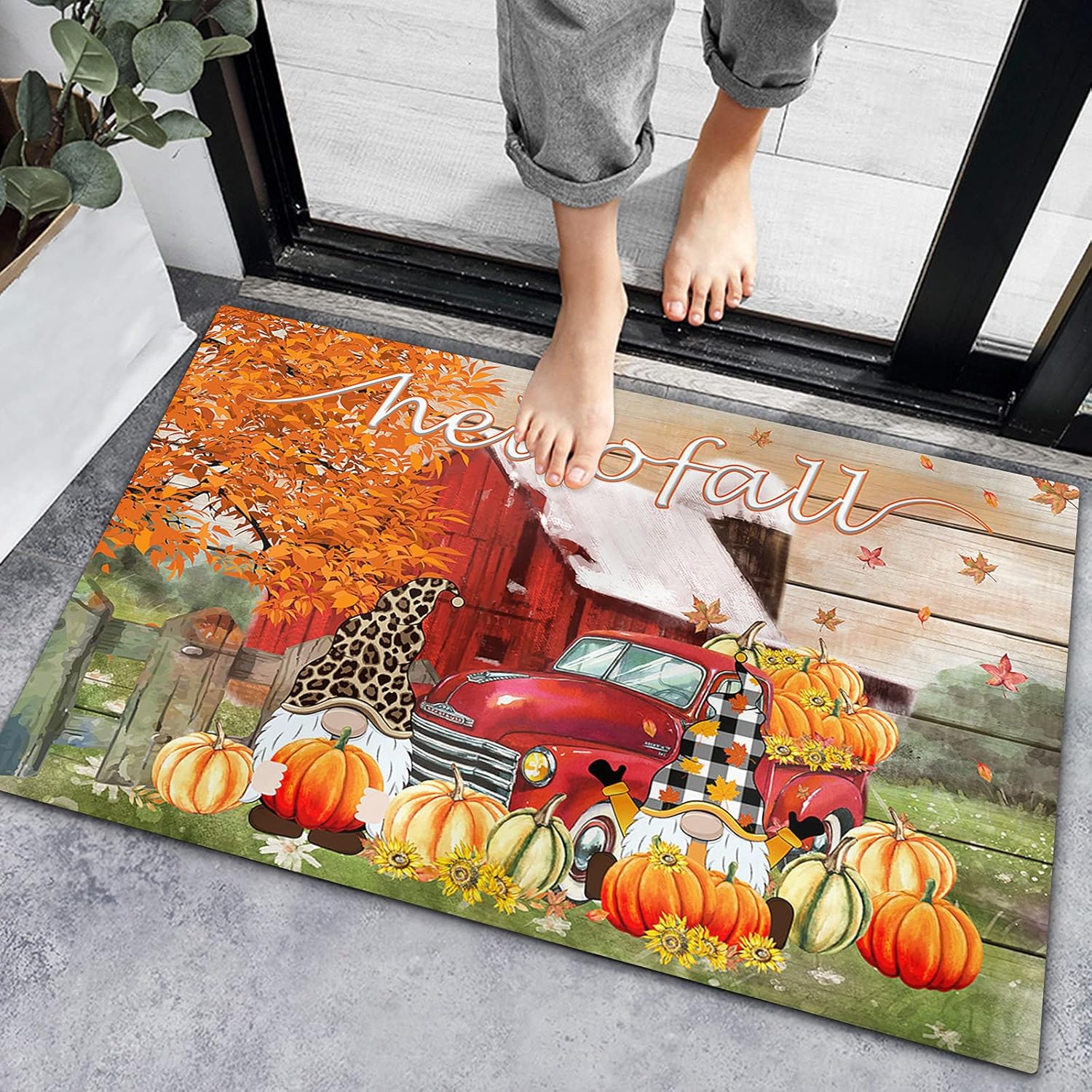 Bath Rugs Entrance Non Slip Front Door Mat Fall Truck Gnome Pumpkin Thanksgiving Kitchen Carpets Watercolor Maple Leaf Farm Harvest Floor Mats for