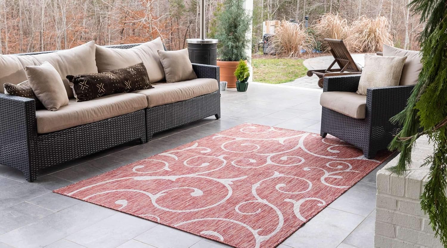 Unique Loom Outdoor Botanical Collection – Alfombra rizada, 6 pies 1 pulgada x 9 pies, rectangular, rojo óxidomarfil