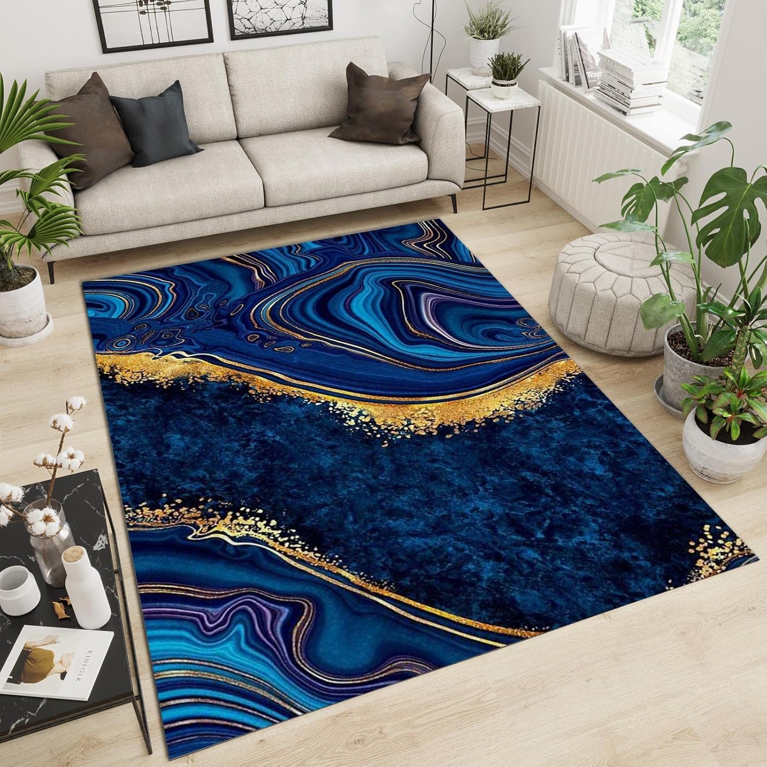 Alfombras clásicas de mármol azul real, de lujo, con tinta salpicada dorada para interiores, antideslizantes, lavables a máquina, transpirables,