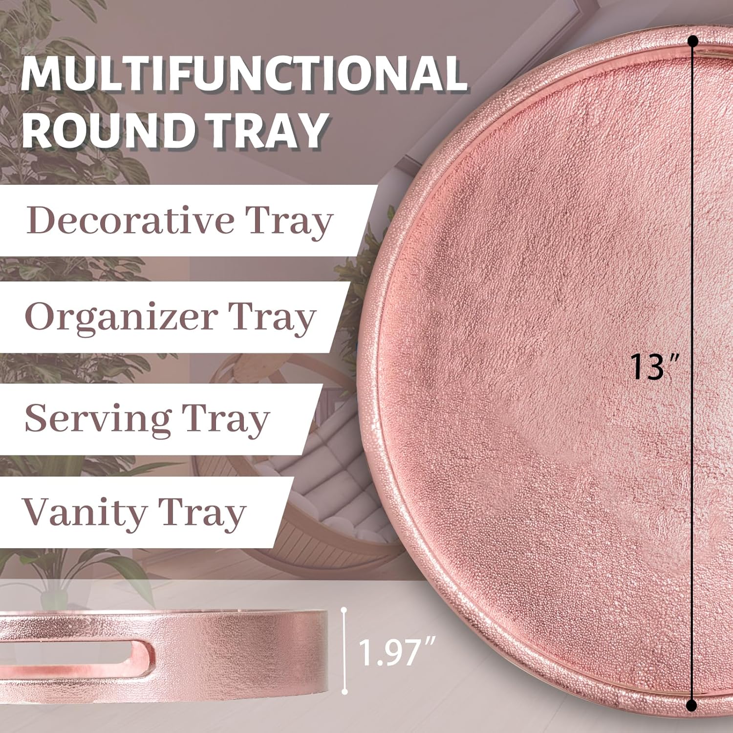 MAONAME Bandeja decorativa rosa de 13 pulgadas, bandeja de servicio de piel sintética con asas, moderna bandeja de mesa auxiliar para otomana,