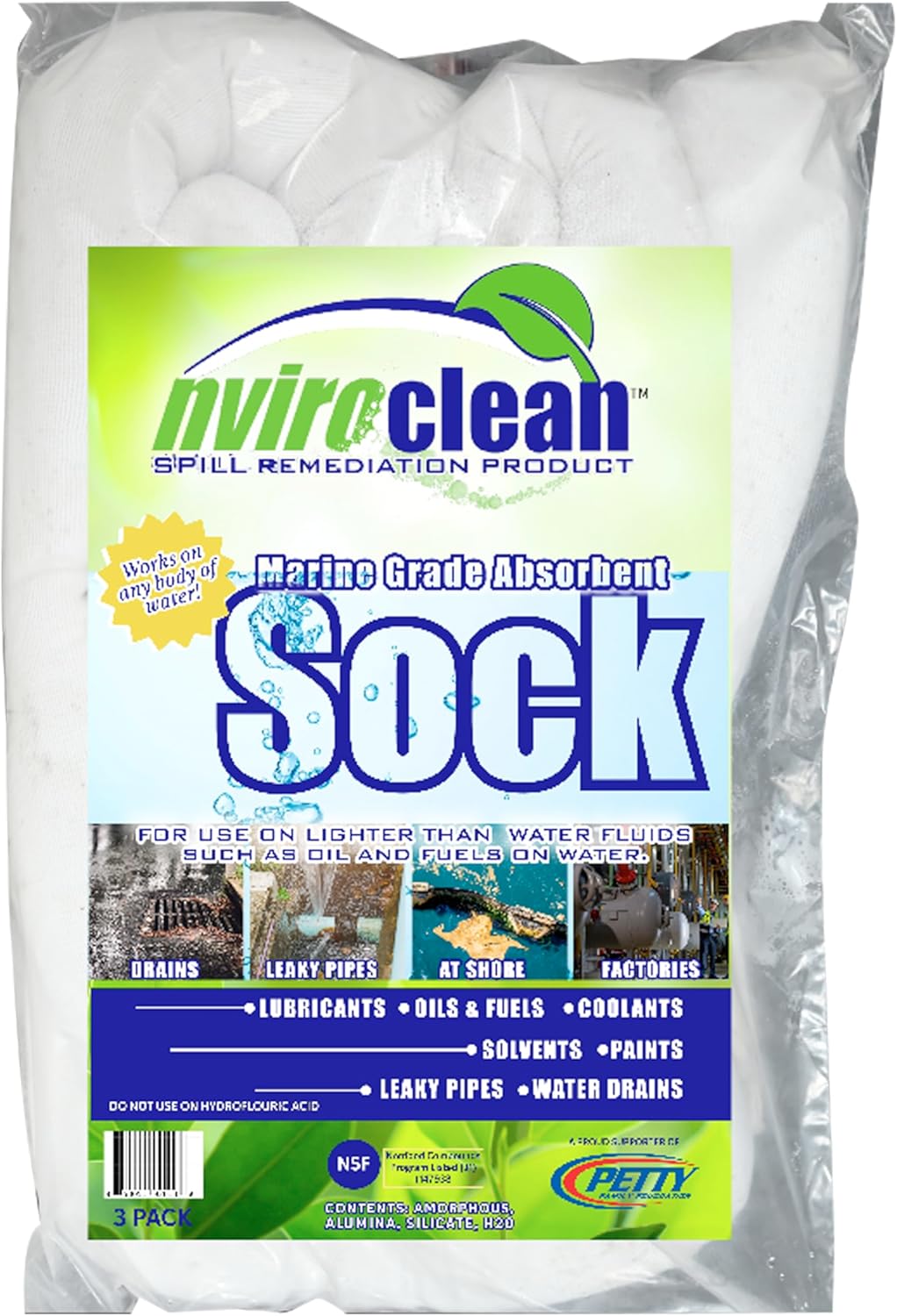 Marine Spill Sock for Spills on Water Cleanup – Calcetines desechables absorbentes para todas las fuentes de agua, paquete de 3 – Fabricado en