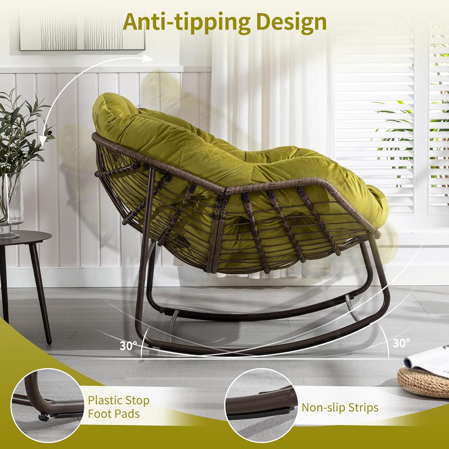 HOMEFUN Mecedoras para patio al aire libre, mecedora Papasan de gran tamaño para interiores con cojín acolchado, silla mecedora para porche