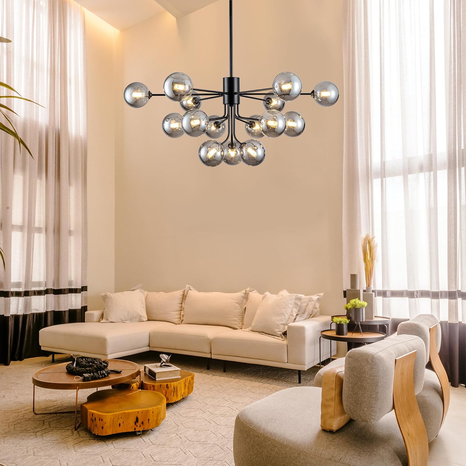 Candelabros para comedor 15 luces Sputnik Candelabros modernos de mediados de siglo, lámpara de techo semiempotrada con globo ahumado, lámpara