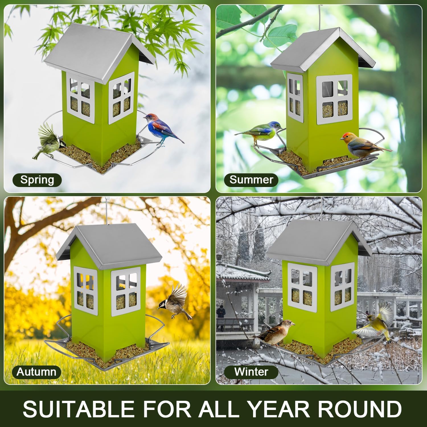 Hugeleaf – Comedero para pájaros para exteriores, todo de metal con techo extraíble, comederos colgantes para pájaros silvestres con 4 puertos,
