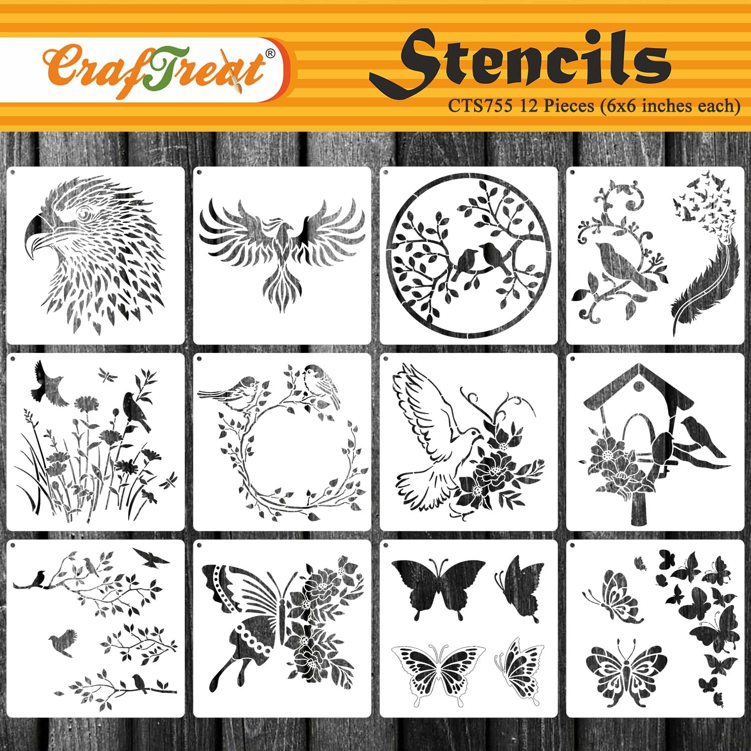 Craftreat 12 plantillas de pájaros y mariposas para pintar (6 x 6), plantillas de casa de pájaros, plantillas de pájaros para pintar, plantillas