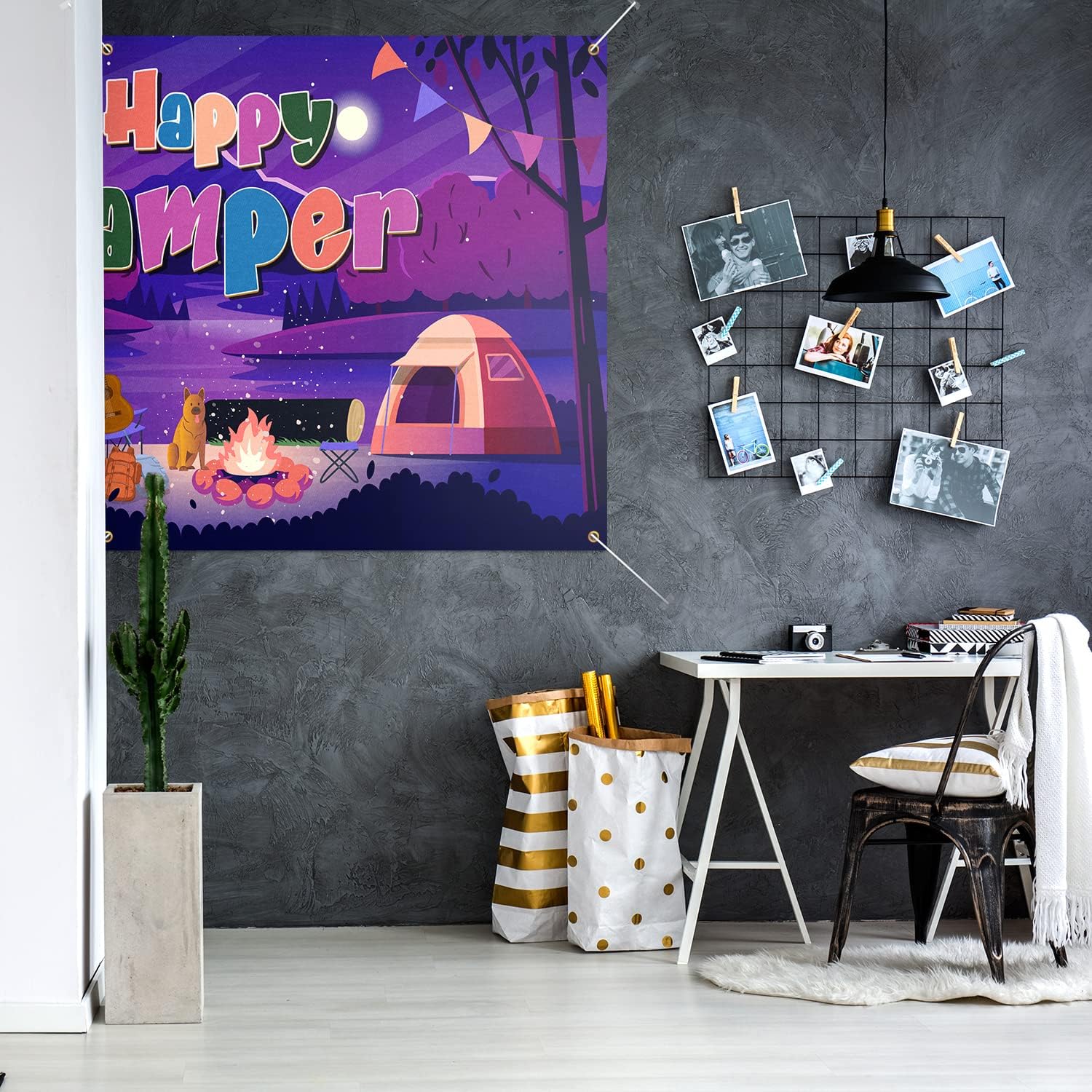 Cartel de fondo de Happy Camper – Decoración de fiesta temática de campamento de aventura en el bosque, suministros para niños y niñas, 3.9 x 5.9