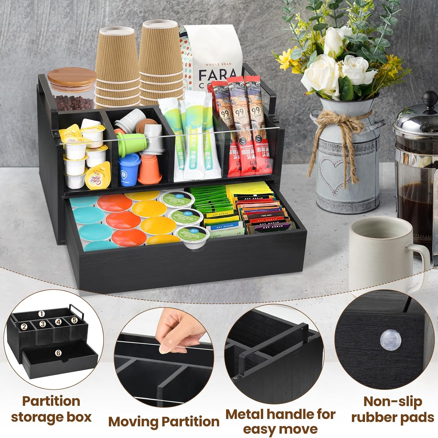 Organizador de barra de café para encimera, organizador de estación de café de madera con cajón, organizador de tazas K, soporte para cápsulas de