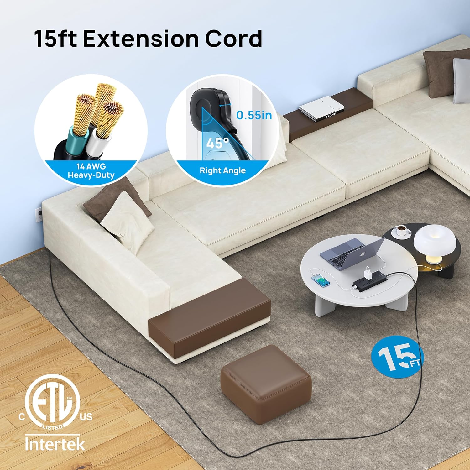 TROND Protector de sobretensión, cable de extensión de enchufe plano de 15 pies de largo, 10 salidas de CA ampliamente espaciadas, 2 puertos USB A y