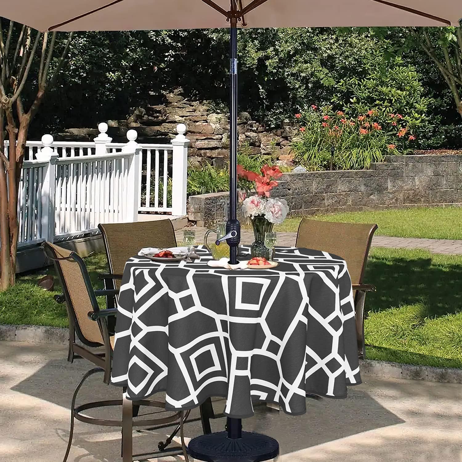 LUSHVIDA Mantel redondo marroquí para exteriores con agujero para sombrilla y cremallera, 60 pulgadas, color negro, impermeable, sin arrugas, tela