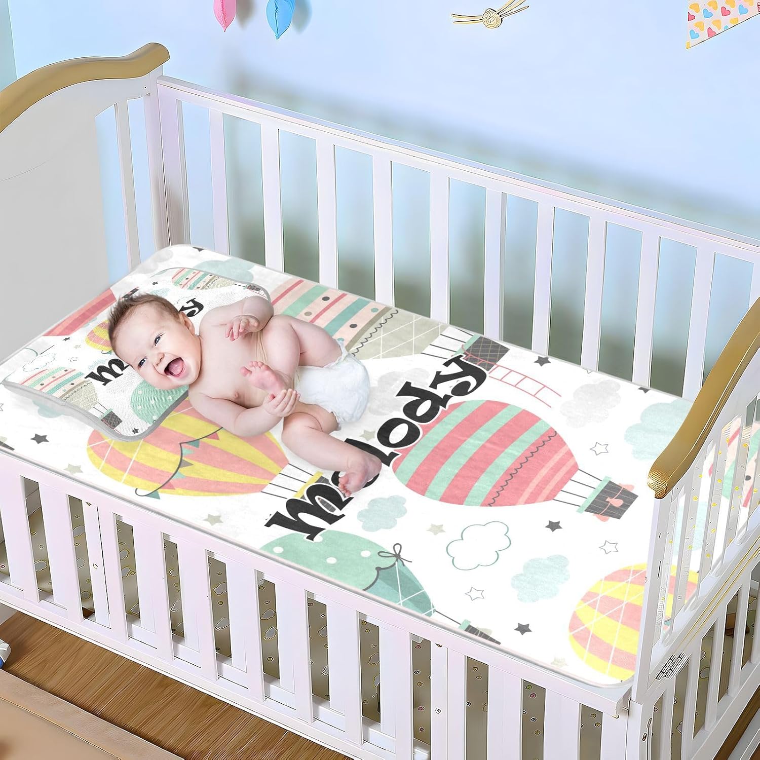 Custom Hot Air Balloon Crib Mattress Protector Pad for Boys Girls Baby Ice Silk Mat Bed Crib Mattress Protector Cooling Mattress Topper for Baby