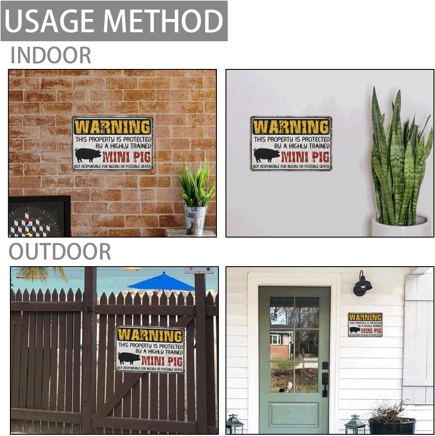 Letrero de advertencia de metal vintage con texto en inglés This Property is Protected by a highly trainined mini-cerdo Yard StreetGarden Garage