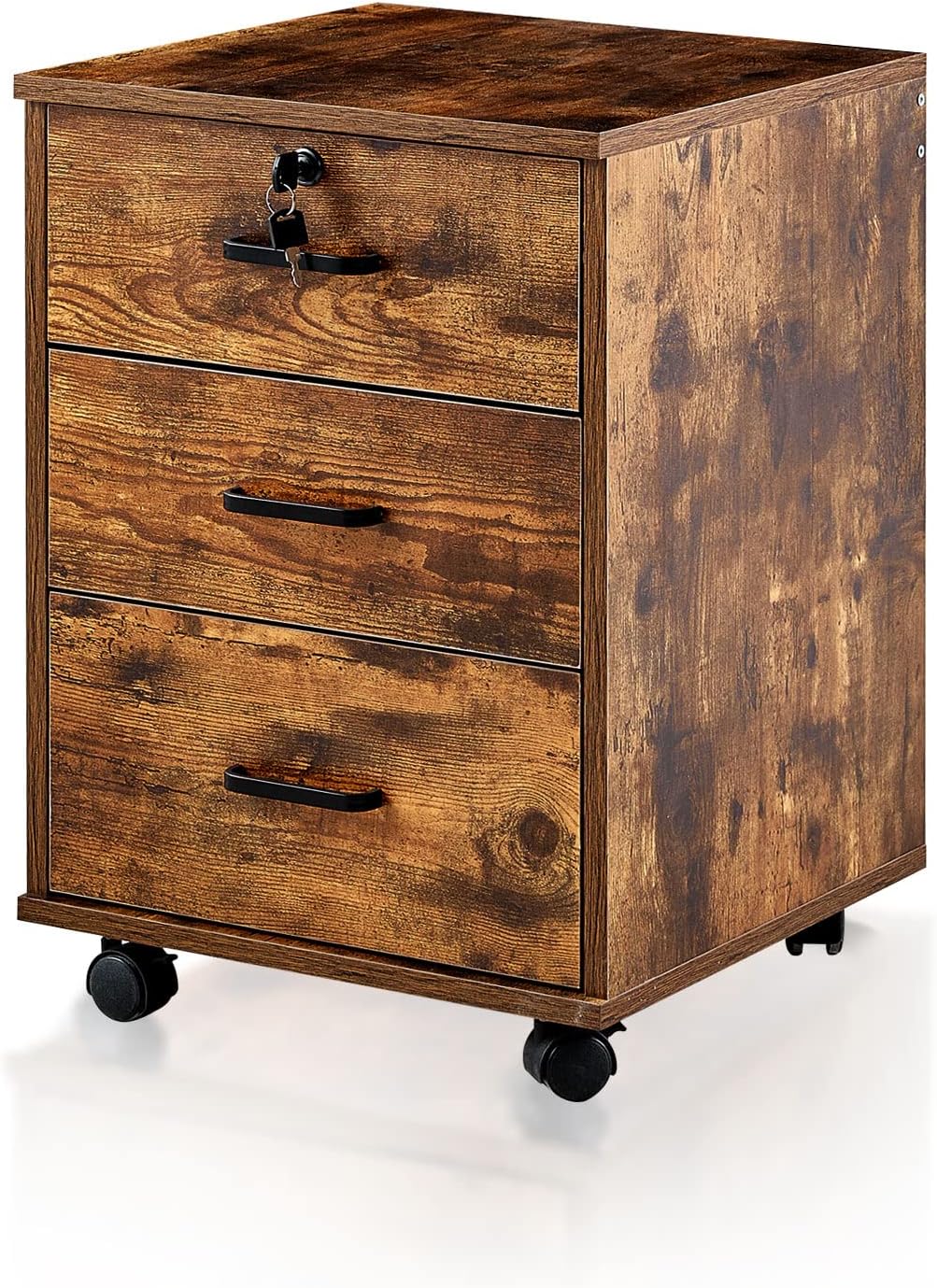 TUKAILAi Archivador móvil con 3 cajones, unidad de almacenamiento con cerradura, archivador de madera con ruedas, para documentos de tamaño
