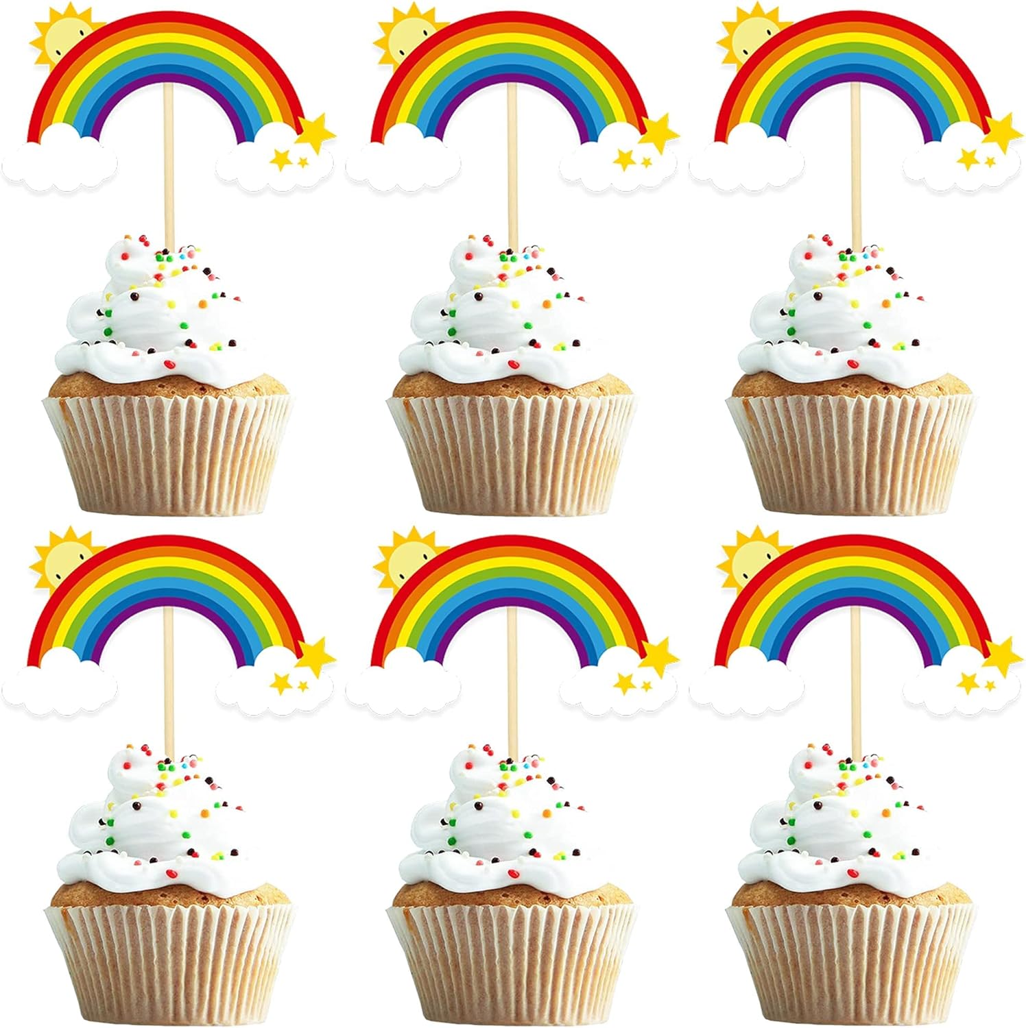 36 piezas de decoración de cupcakes de arco iris colorido arco iris, decoraciones de cumpleaños para decoración de fiesta de cumpleaños de arco