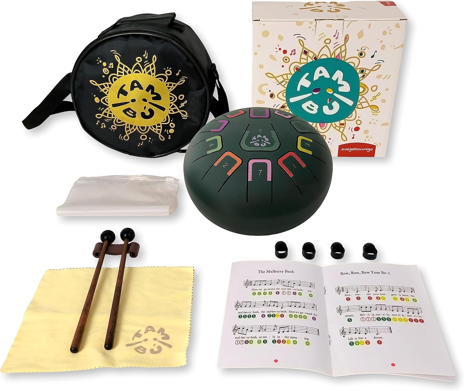 TAMBÚ Steel Tongue Drum in G Major. 8 inch metallic percussion instrument with 11 notes. Handpan Perfect for beginners. Travel Bag, Music Book,