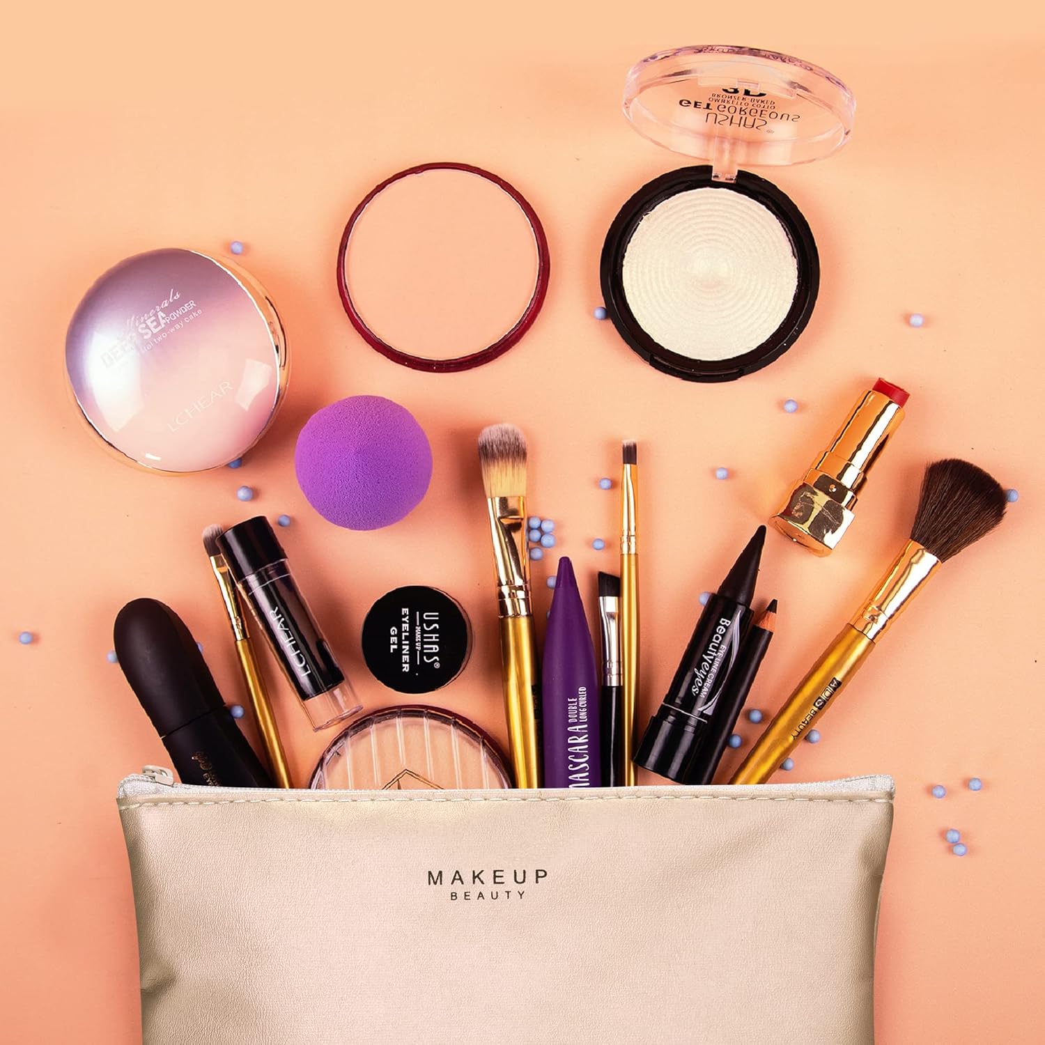Ginsco Bolsa de maquillaje de viaje con soporte para cepillos, bolsa de cosméticos grande, organizador de maquillaje de viaje, portátil, resistente