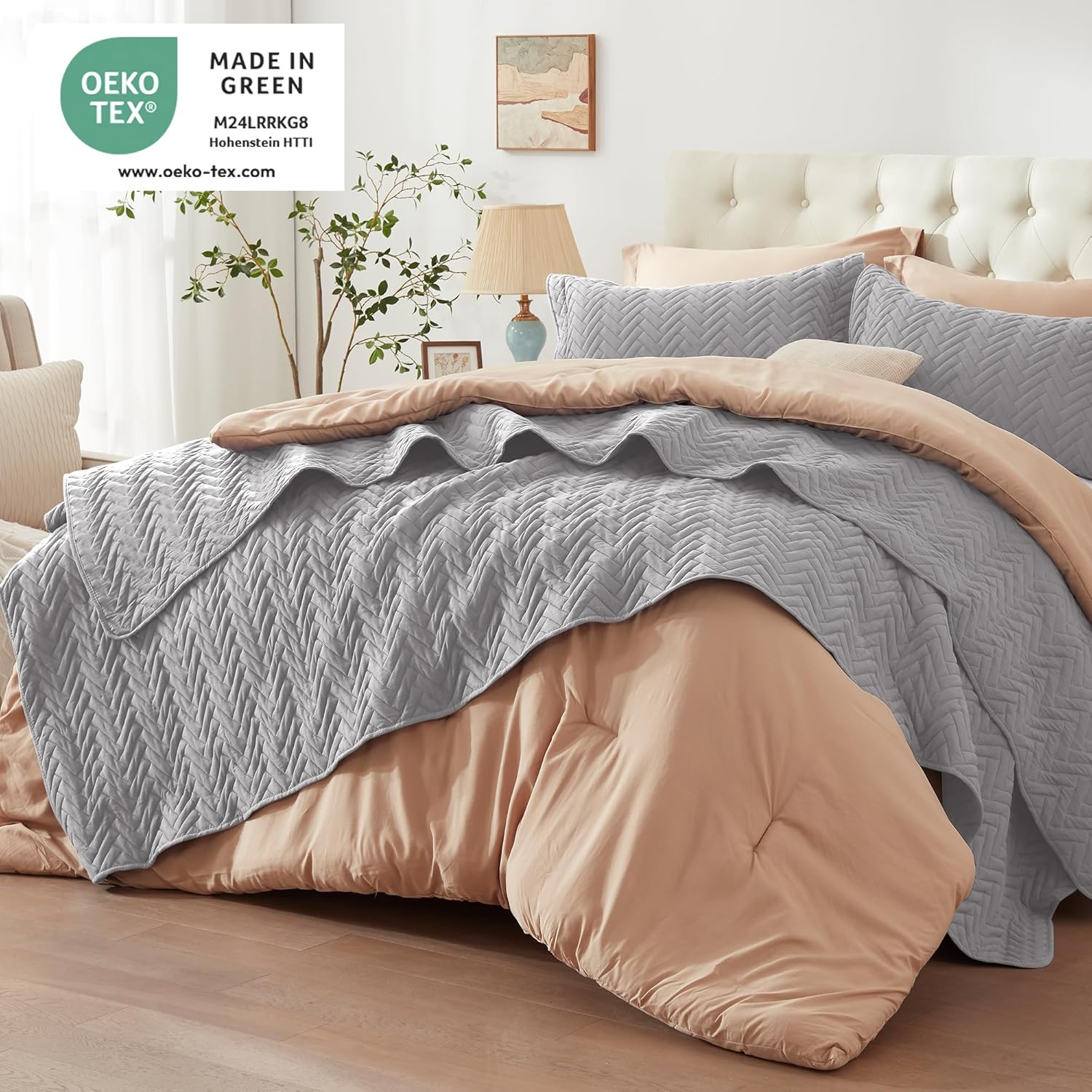 GRT Juego de edredón gris tamaño King con fundas de almohada, edredón ligero, reversible, estilo moderno, patrón rectangular, juego de ropa de cama