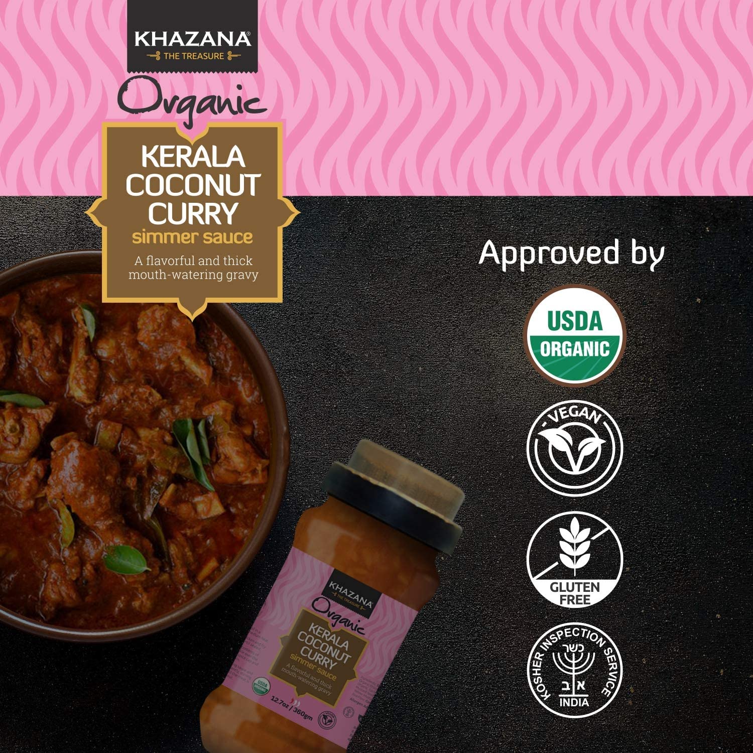 Khazana Salsa india a fuego lento con curry de coco Kerala orgánica, tarros de 12.7 onzas, sin OMG, vegana, sin gluten, kosher, auténticas comidas