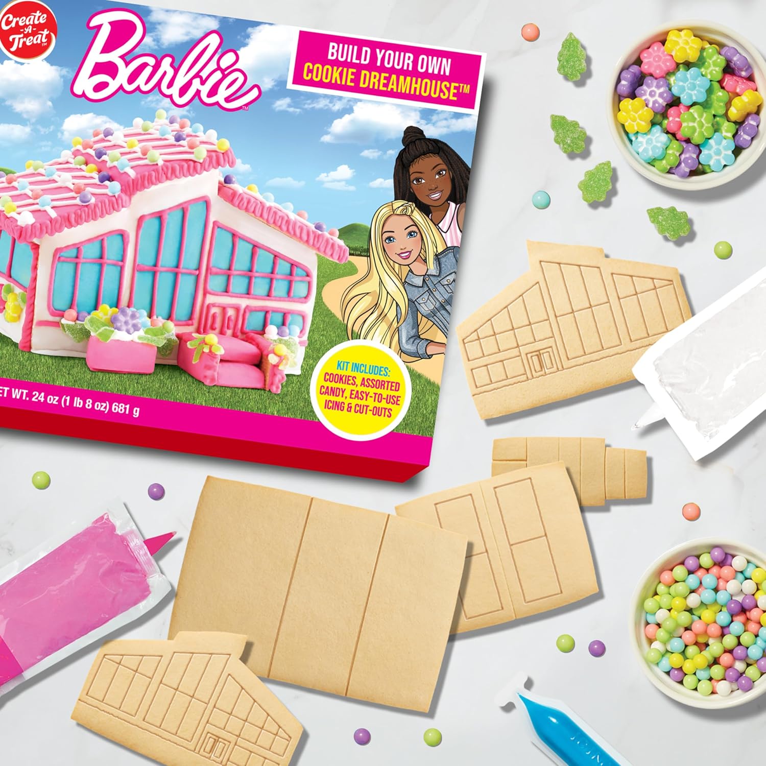 Create-A-Treat Barbie Dreamhouse – Kit de decoración de galletas, 24 onzas + paquete de mini galletas OREO