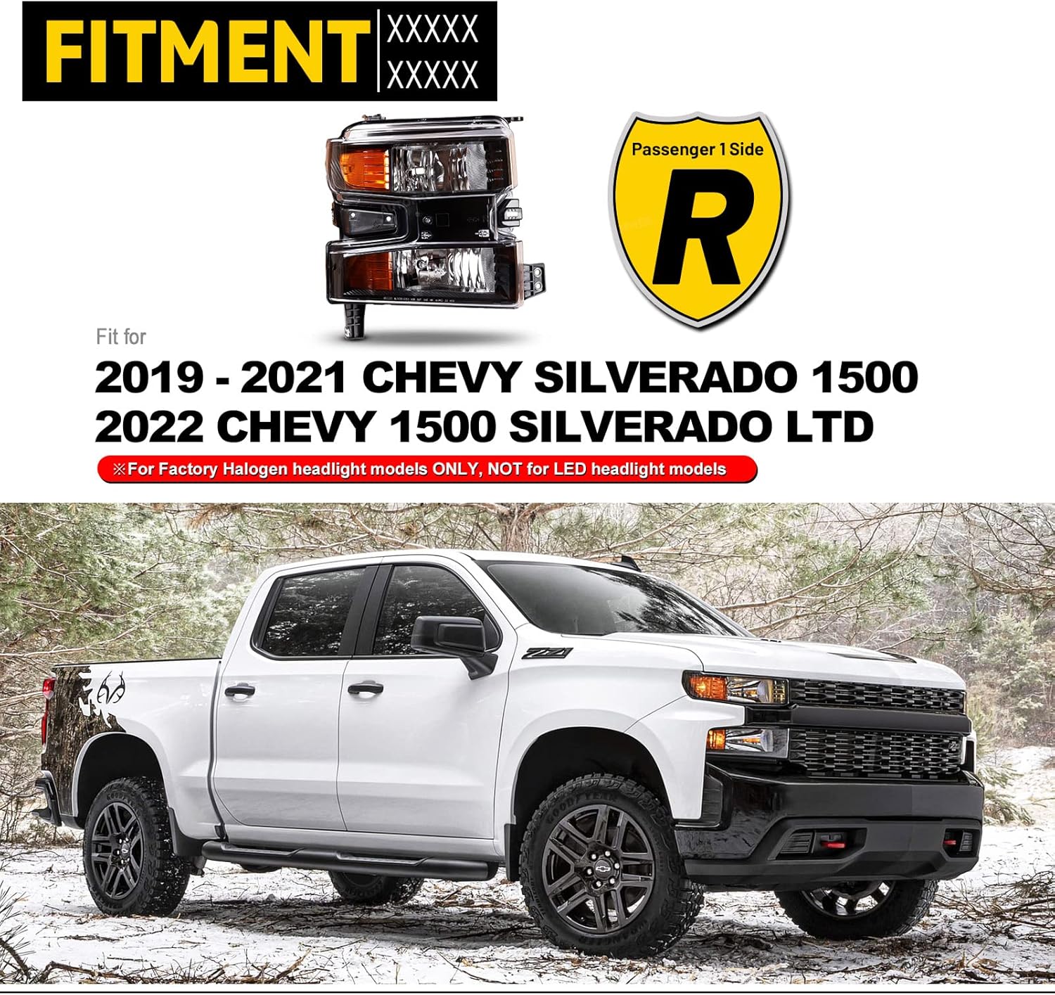 Conjunto de faros delanteros para el lado del pasajero para Chevy Silverado 1500 2019 2020 2021, Chevrolet Silverado 1500 LTD 2022 solamente, faros