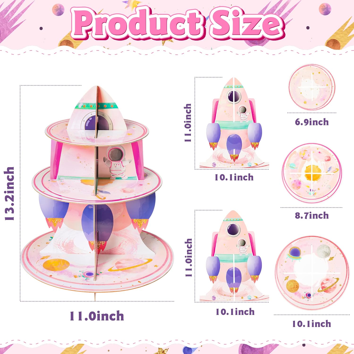 ANGOLIO Soporte para cupcakes de 3 niveles para el espacio exterior, suministros de fiesta para niños, decoración de fiesta de cumpleaños, temática