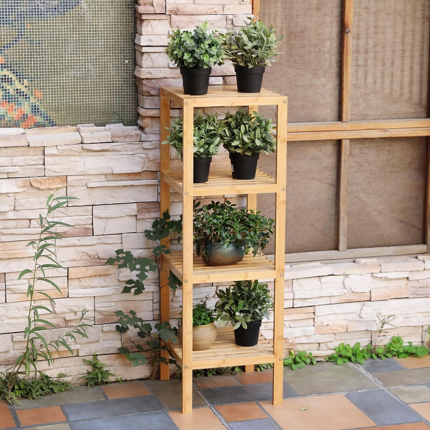 SIMEFUL 4-Tier Narrow Bathroom Shelf, Bamboo Corner Rack Book Shelving Unit, Plant Stand Wood Shelf, Multifunctional Storage Rack for Living Room,