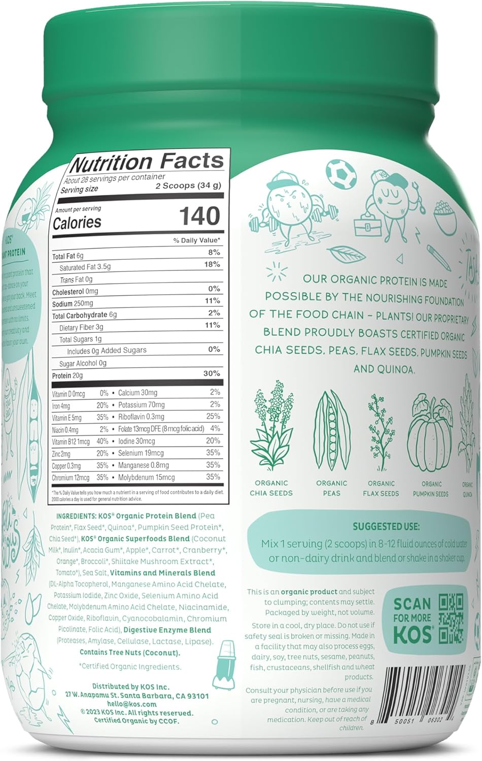 KOS Proteína vegana en polvo, sin sabor y sin azúcar, mezcla de proteínas de guisante baja en carbohidratos, superalimento orgánico rico en
