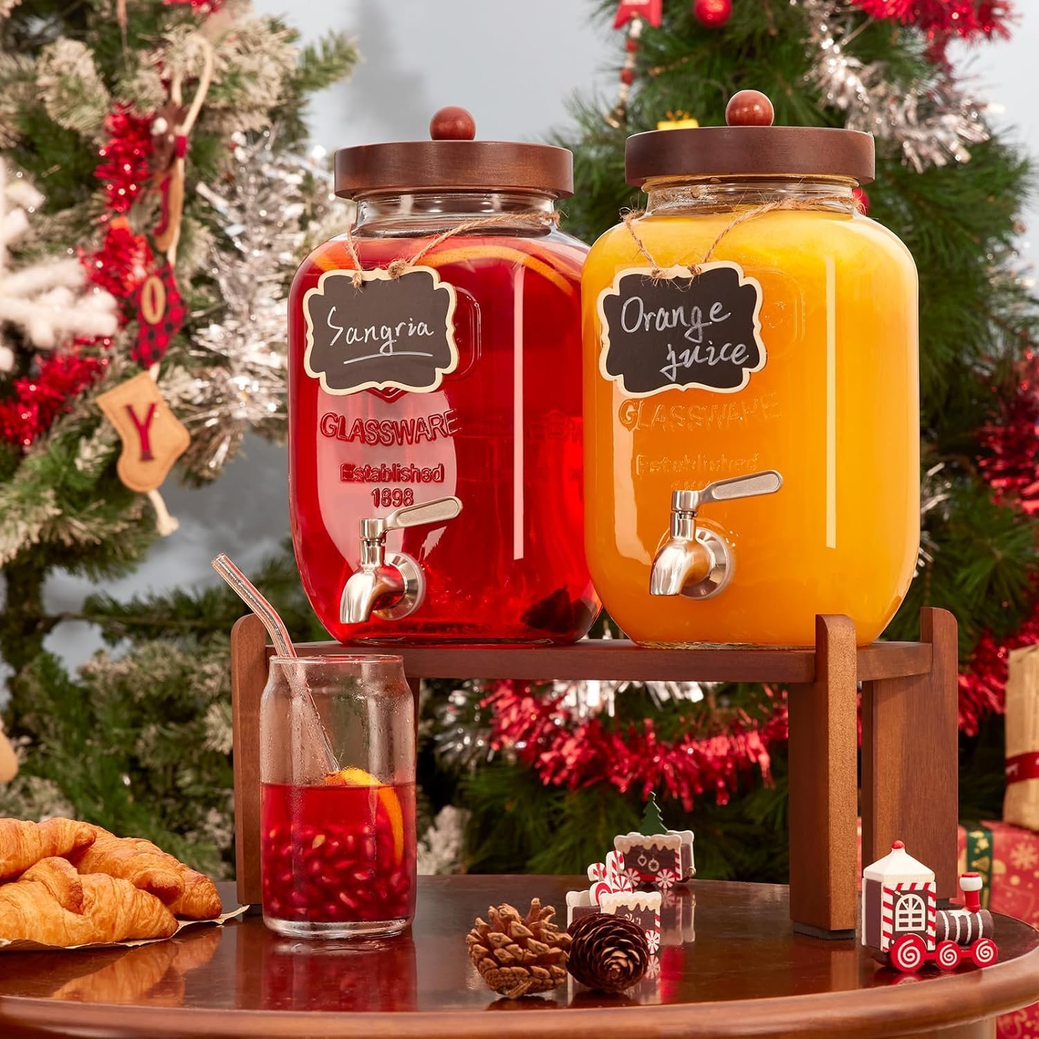 Dispensador de bebidas de vidrio con soporte de madera, dispensador de bebidas de 1 galón para fiestas con espiga de acero inoxidable 188 a prueba