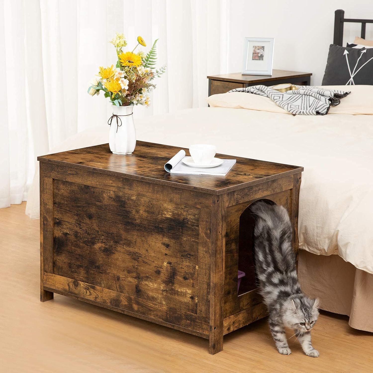 HOOBRO Caja de arena para gatos, muebles ocultos, banco de almacenamiento de baño con tapa abatible, con divisor para ampliar la mesita de noche