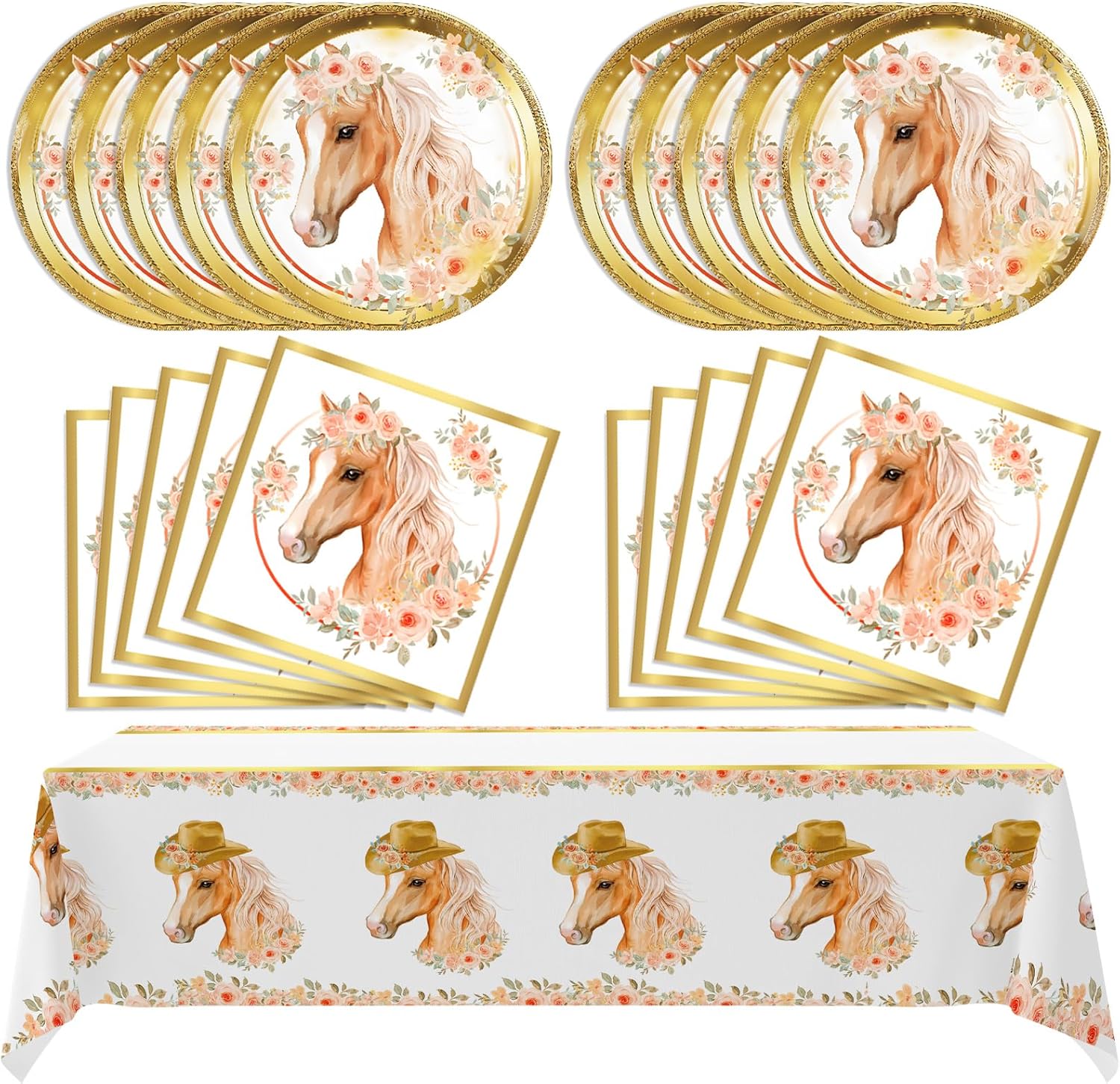 41 piezas de suministros para fiesta de cumpleaños de caballo, decoración de fiesta de vaquera, vajilla de 20 platos y 20 servilletas, 1 mantel para