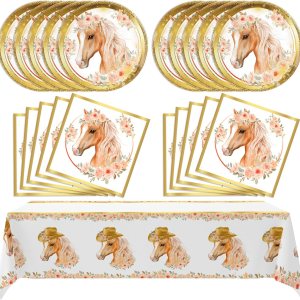 41 piezas de suministros para fiesta de cumpleaños de caballo, decoración de fiesta de vaquera, vajilla de 20 platos y 20 servilletas, 1 mantel para 41 piezas de suministros para fiesta de cumpleaños de caballo, decoración de fiesta de vaquera, vajilla de 20 platos y 20 servilletas, 1 mantel para