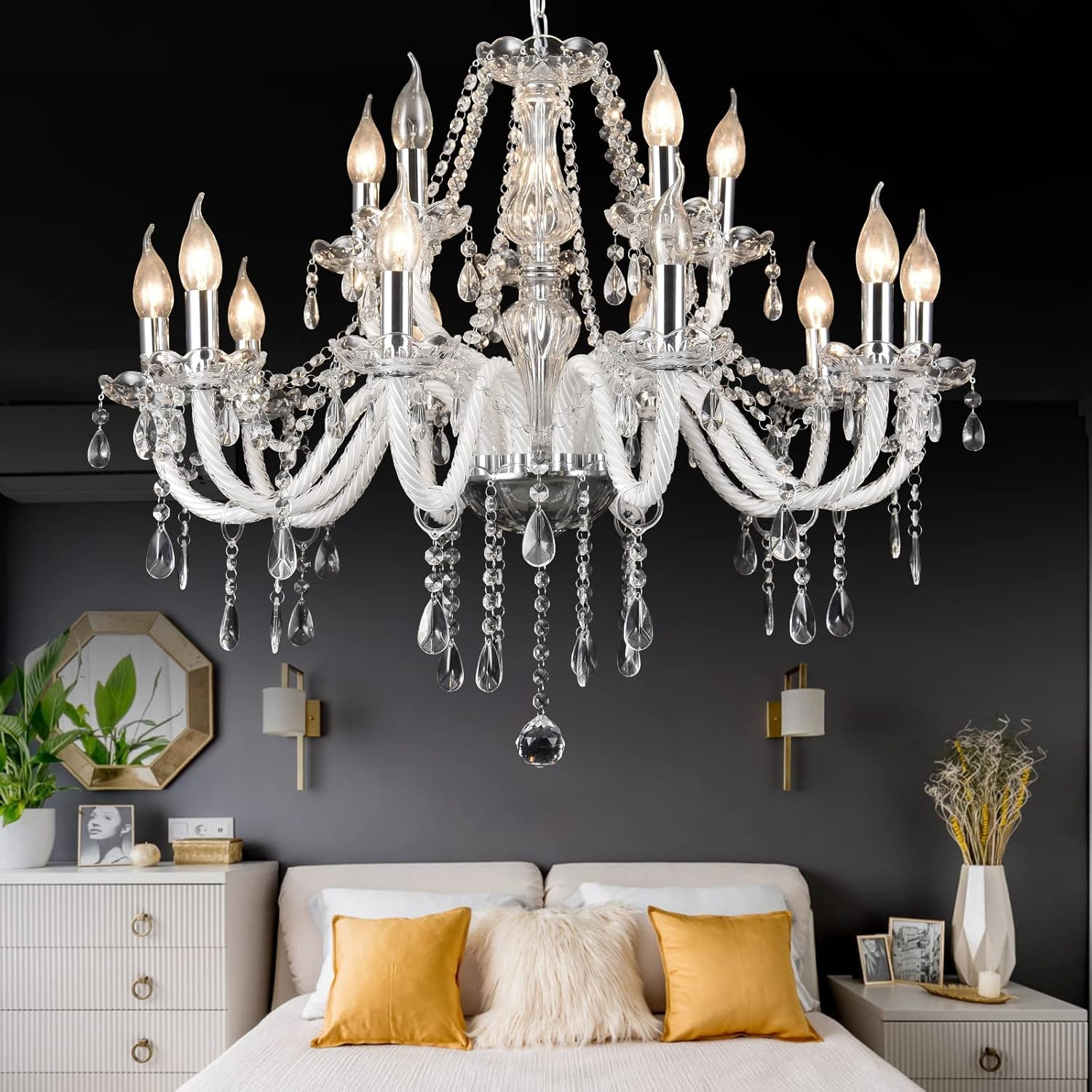 Panghuhu88 Candelabro de cristal de 15 luces transparentes K9 de lujo, lámpara de techo colgante de cristal para comedor, sala de estar, dormitorio