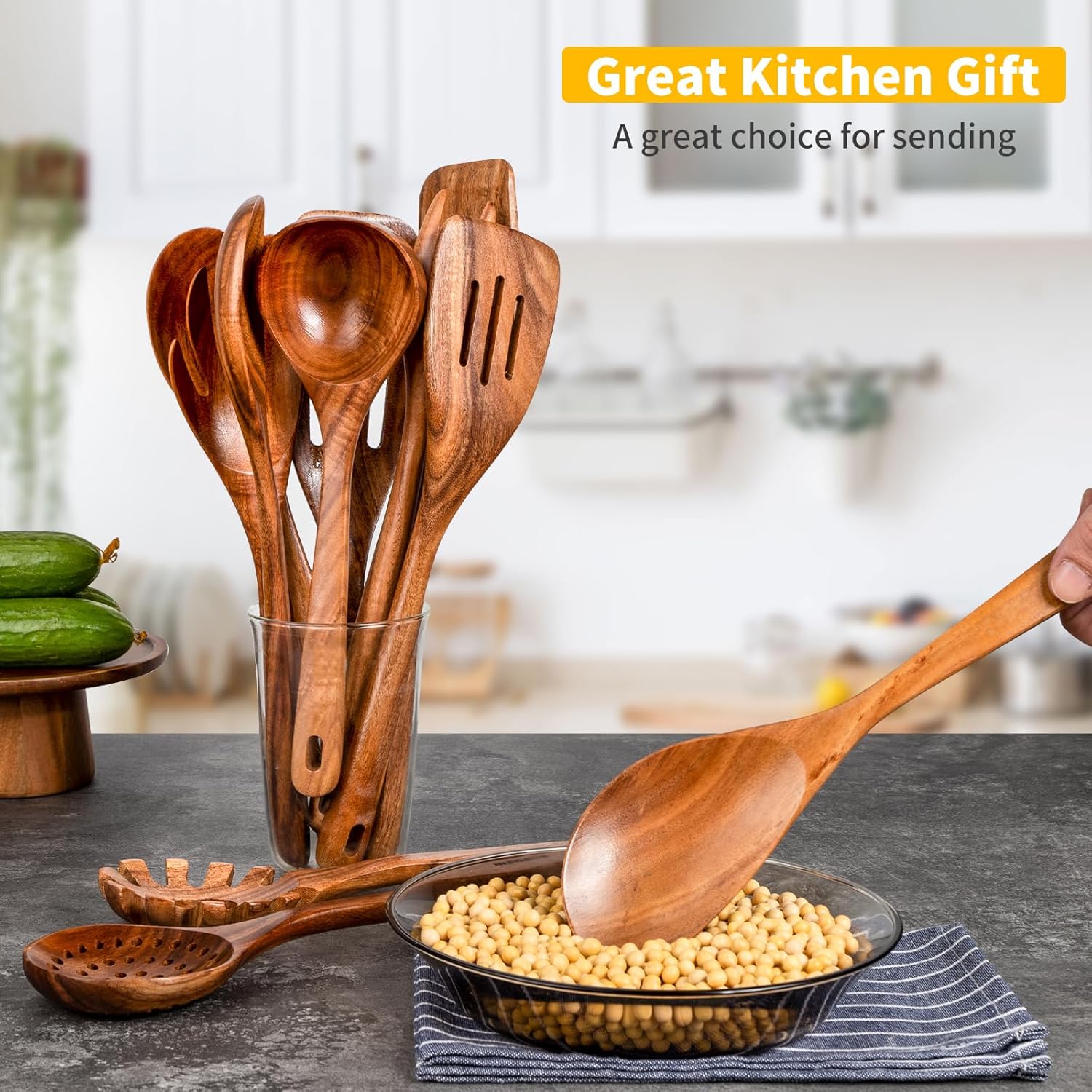 GUDAMAYE Cucharas de madera para cocinar, juego de utensilios de cocina de madera, utensilios de cocina de madera, cucharas de madera de teca