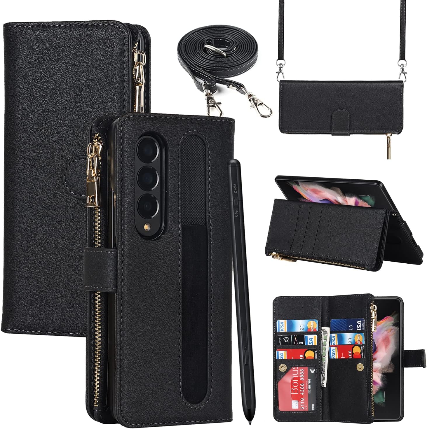 SailorTech Funda de teléfono con diseño de cartera para Samsung Galaxy Z Fold 4 5G con soporte para bolígrafo S, 9 tarjetero, 1 monedero con