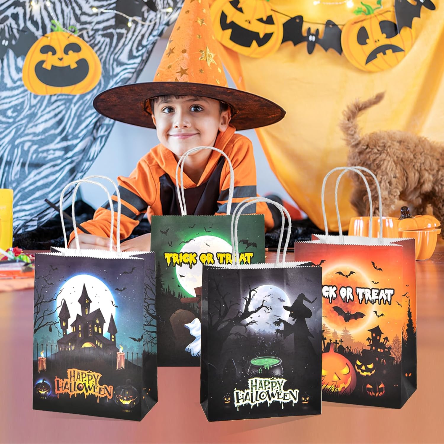 OGLARING – 24 bolsas de papel de regalo de Halloween, pequeñas bolsas de dulces de Halloween con asa, bolsas a granel para dulces o trucos para