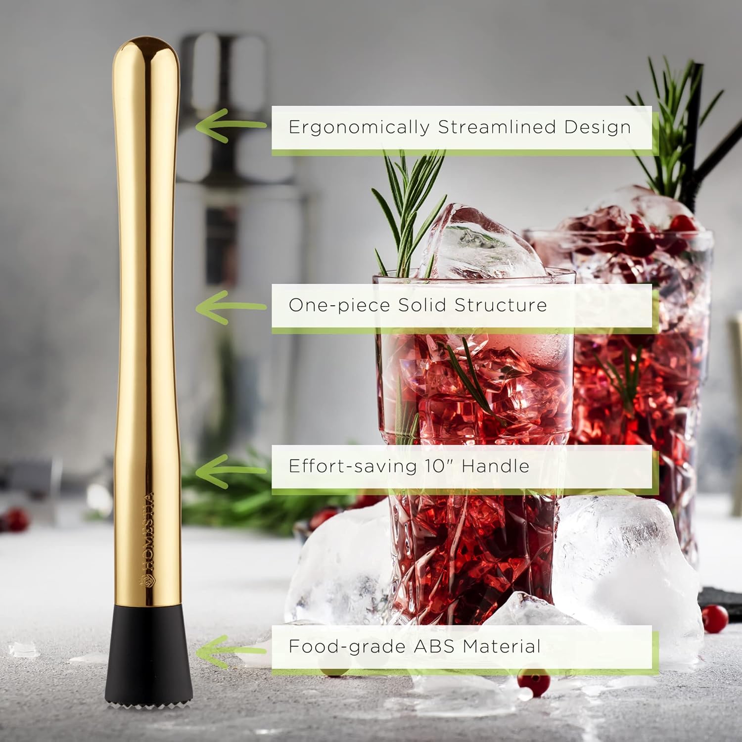 Homestia Muddler de acero inoxidable de 10 pulgadas para cócteles, triturador de bebidas para accesorios de bar en el hogar con receta trituradora
