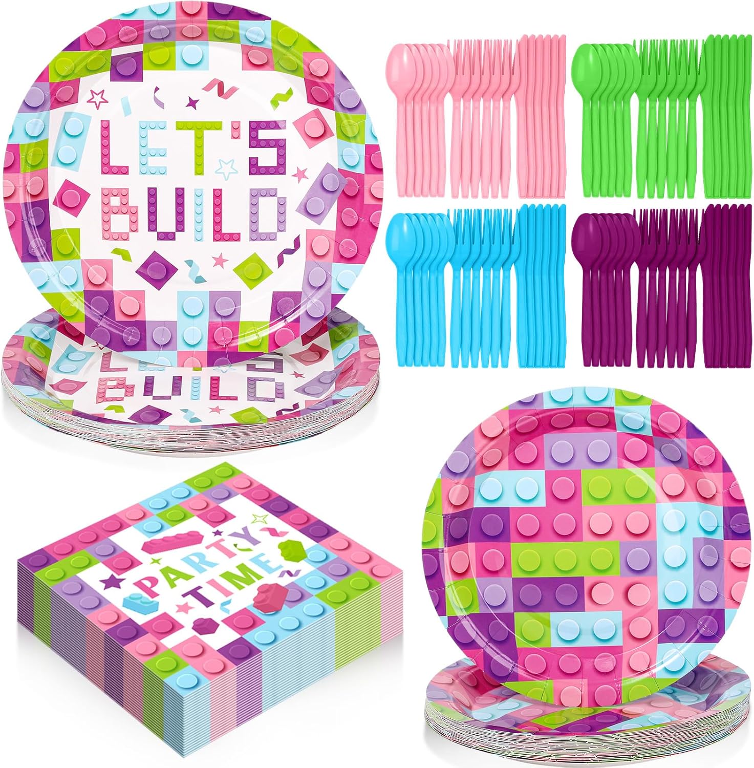 Gejoy 96 piezas de suministros para fiesta de cumpleaños de bloques de construcción, incluye platos de fiesta de ladrillo de 7 pulgadas y 9